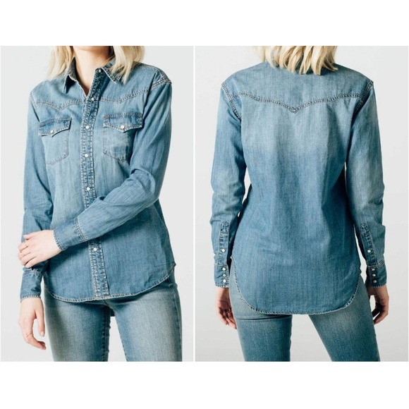 NEW DSTLD Blue Denim Long Sleeve Pearl Snap Shirt in Light Vintage Sz S MSRP $75 - Picture 2 of 9